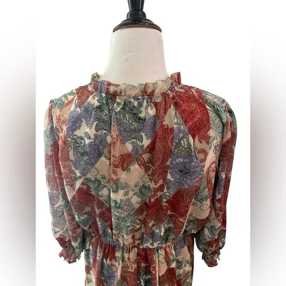 Jessica Simpson Red Cream Green Purple Paisley V-Neck Peasant Tunic - Picture 4 of 6